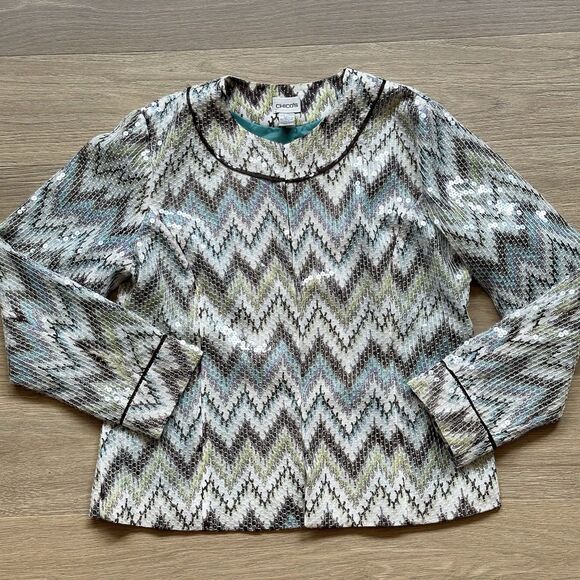 Chicos Jacket Women Medium Topper Geometric Sequin Artsy Faux Reptile - Picture 1 of 10